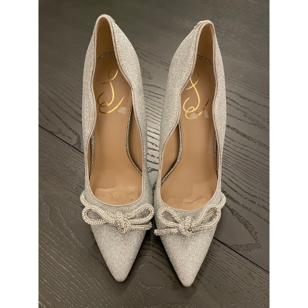 Sam Edelman Silver Glitter Pointed-Toe Bow Pumps - Picture 2 of 10
